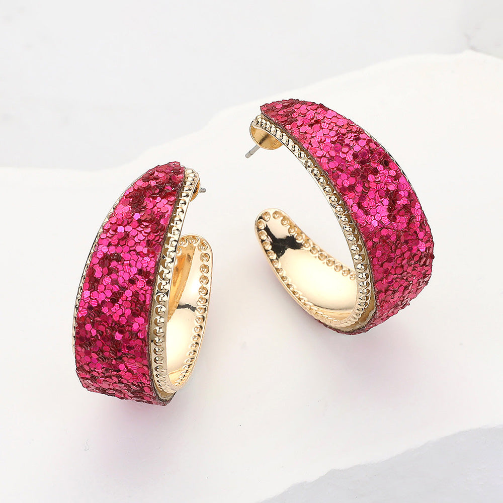 Fuchsia Glitter Half Hoop Pageant Earrings  | Outfit of Choice Earrings