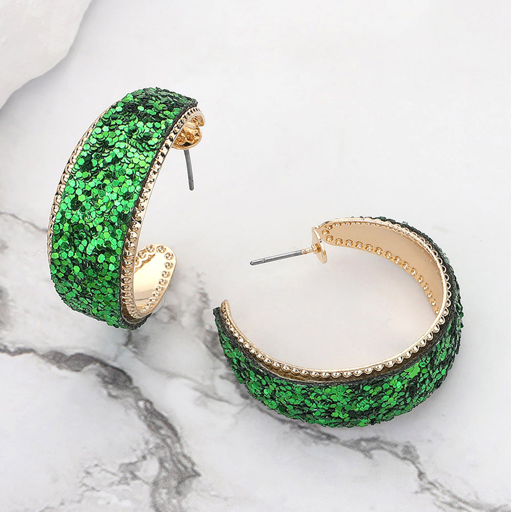 Green Glitter Half Hoop Pageant Earrings  | Outfit of Choice Earrings