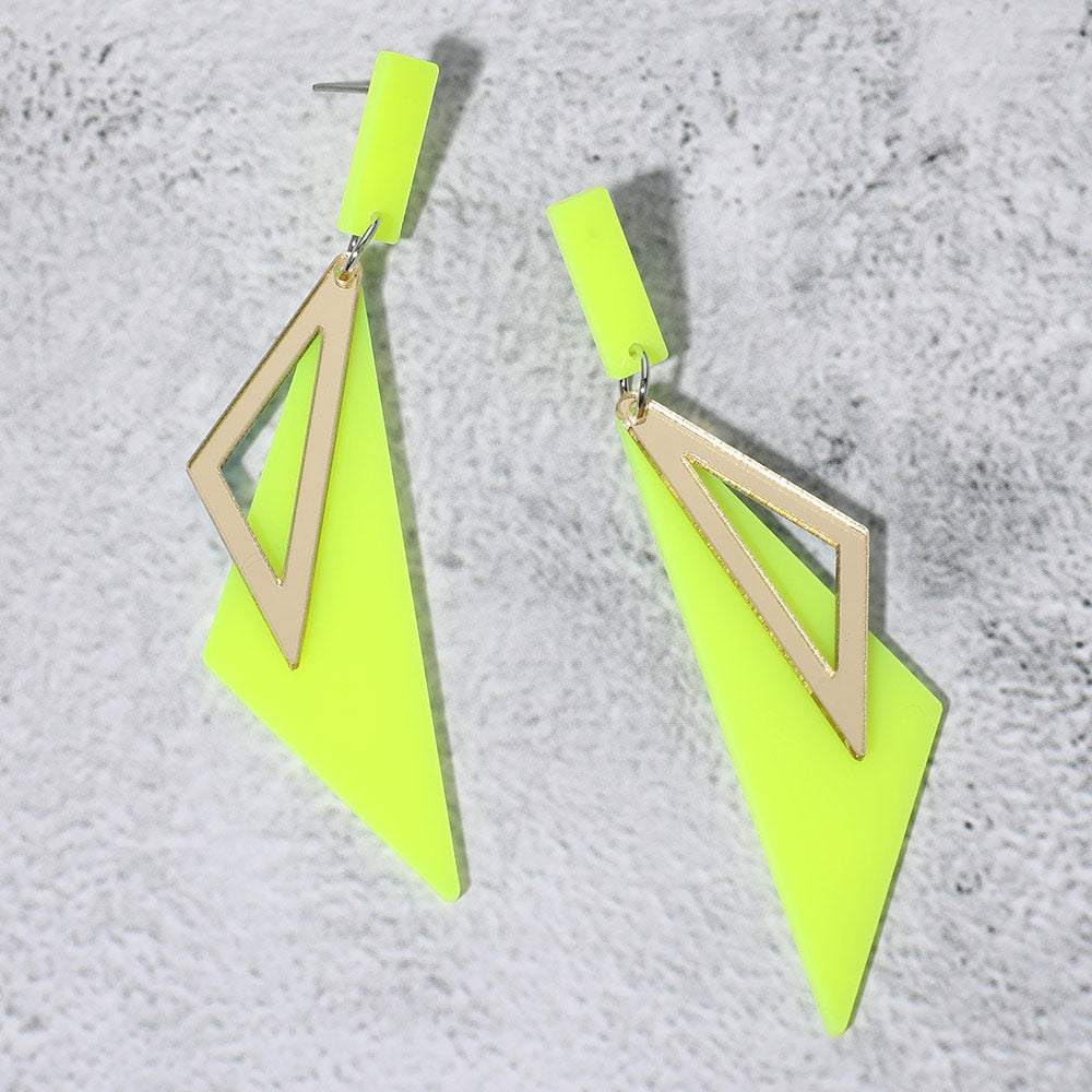 Neon Yellow Acrylic Geometric Fun Fashion Dangle Earrings