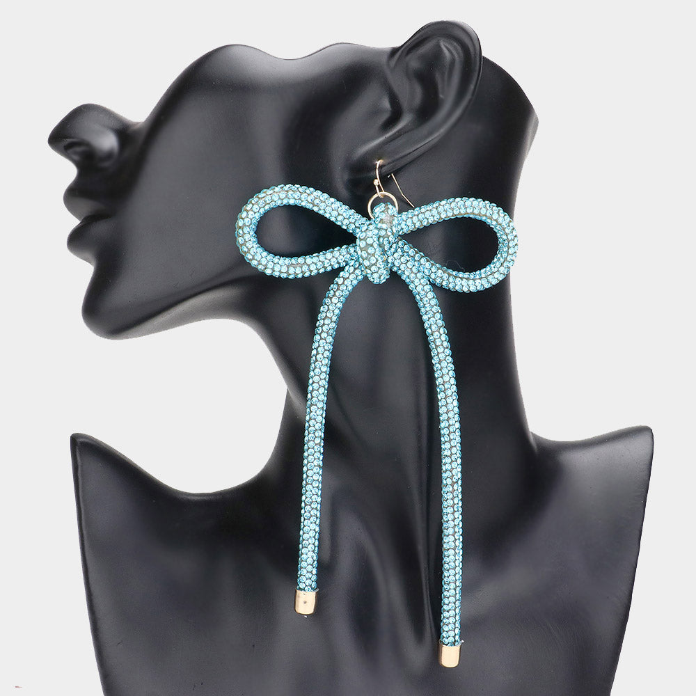 Oversized Long Aqua Studded Bow Fun Fashion Earrings | Runway Earrings