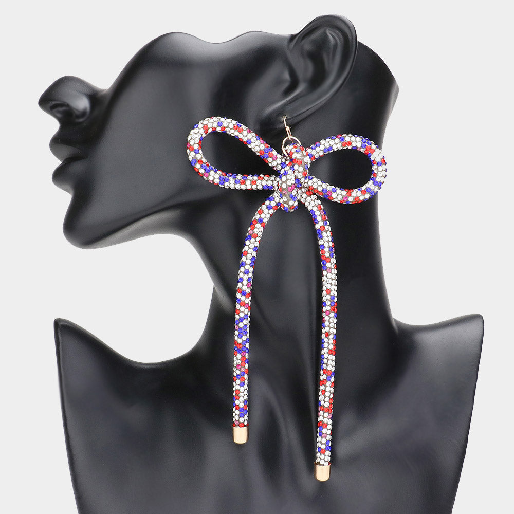 Oversized Long Multi-Color Studded Bow Fun Fashion Earrings  | Runway Earrings