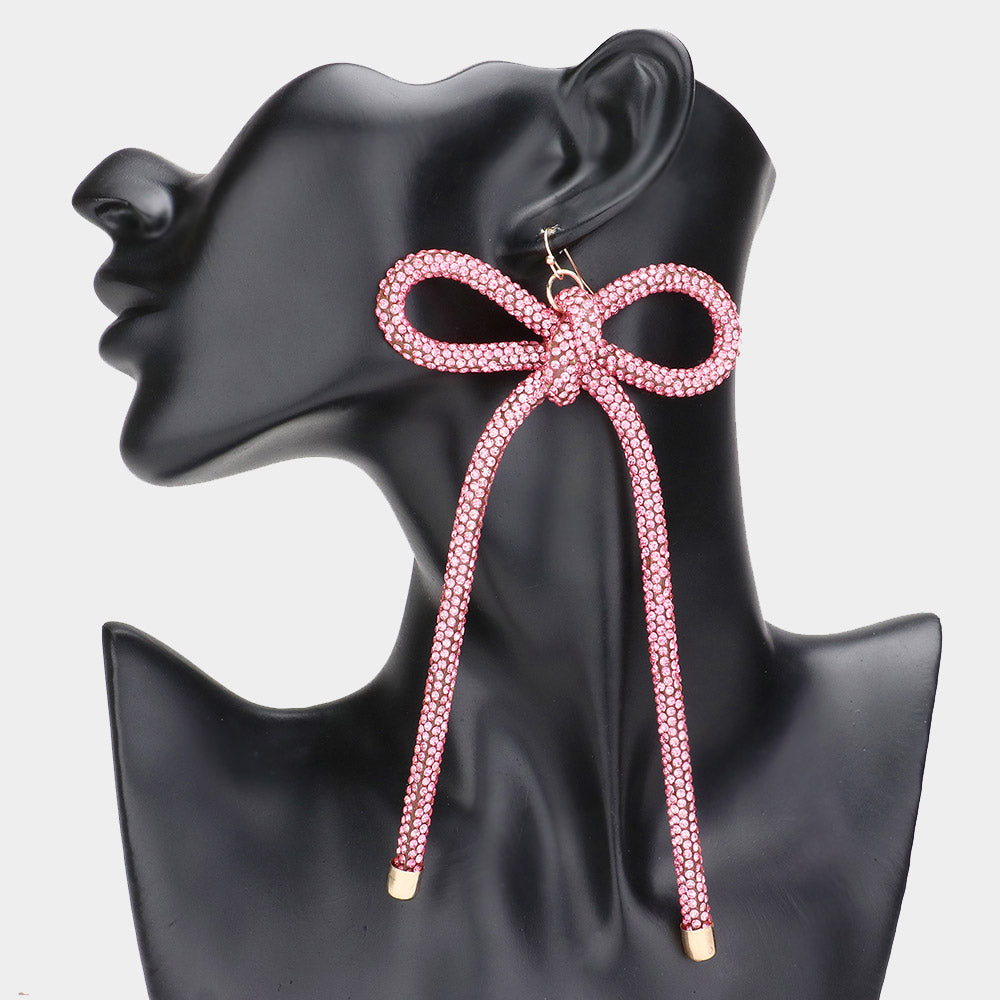 Oversized Long Pink Studded Bow Fun Fashion Earrings  | Runway Earrings