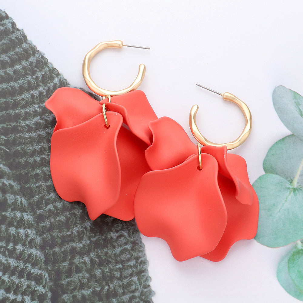 Coral Petal Dangle Fun Fashion Earrings | Coral Headshot Earrings