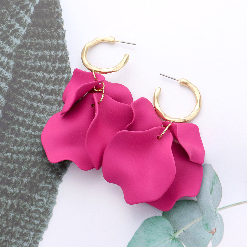 Fuchsia Petal Dangle Fun Fashion Earrings | Fuchsia Headshot Earrings