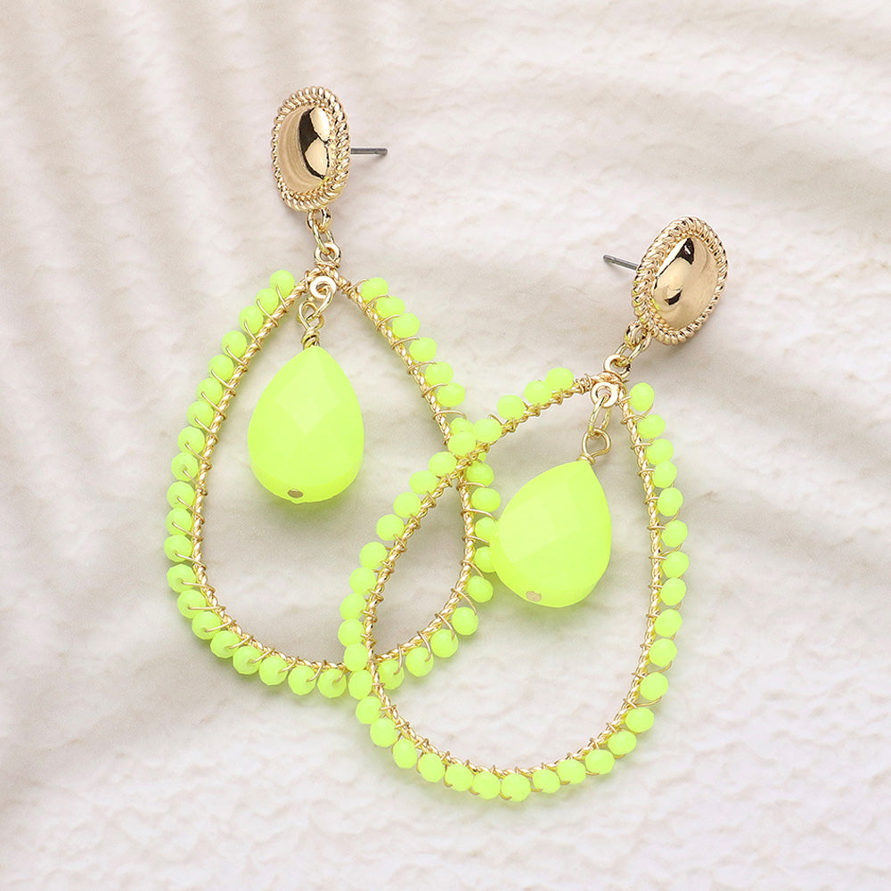 Neon Yellow Beaded Teardrop Fun Fashion Earrings | Neon Yellow Outfit of Choice Earrings | Runway Earrings 