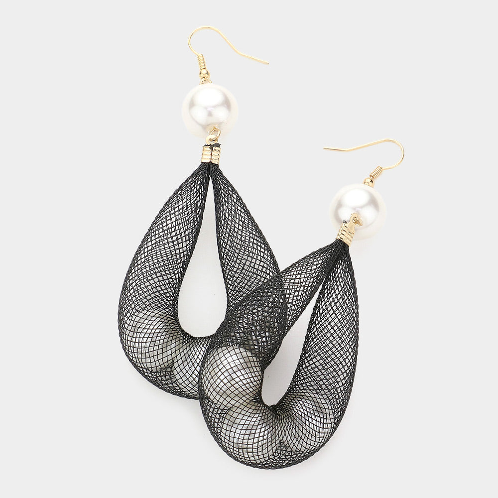 Black Mesh Tube with White Pearl Fun Fashion Earrings on Gold | Headshot Earrings 