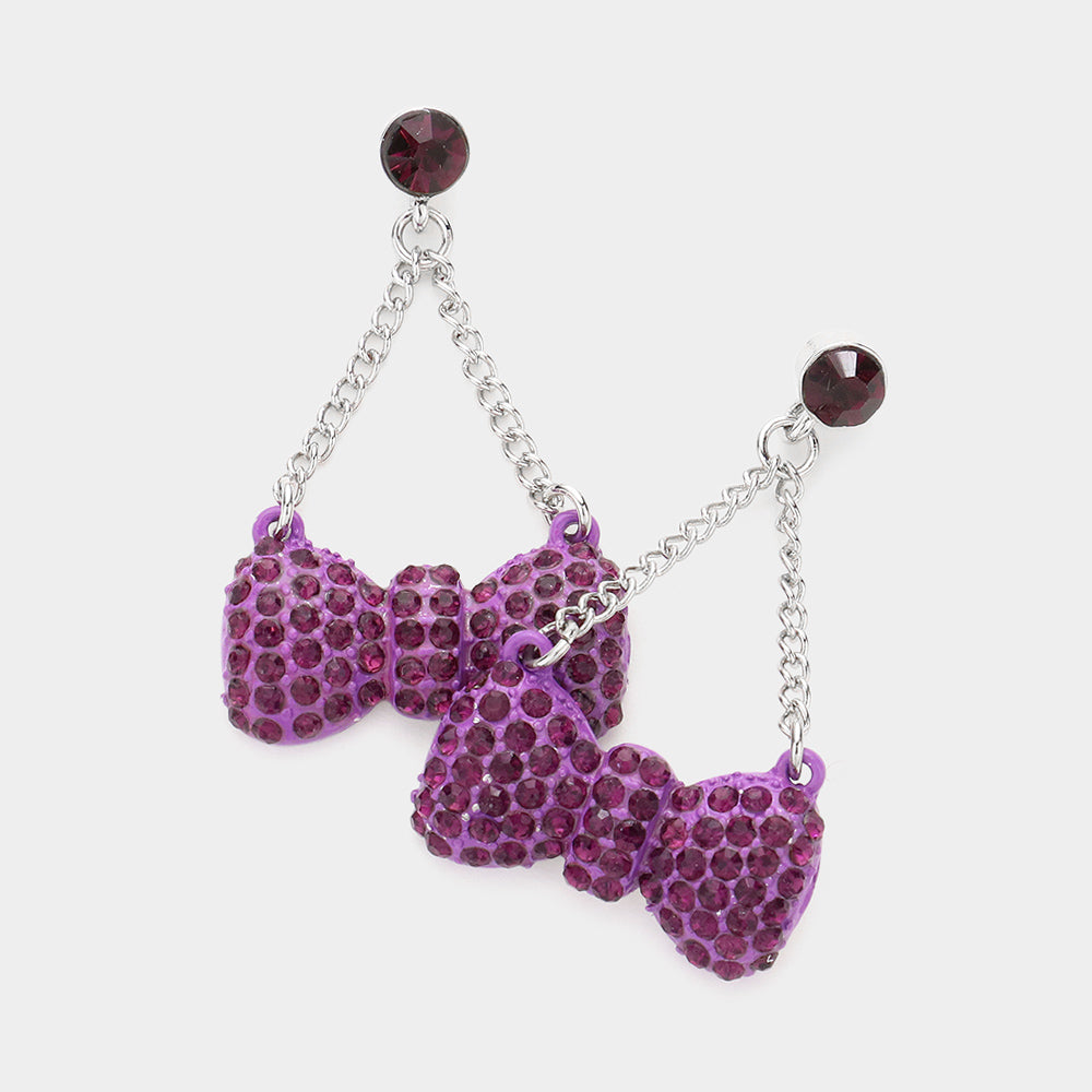 Purple Crystal Cluster Bow Dangle Pageant Earrings