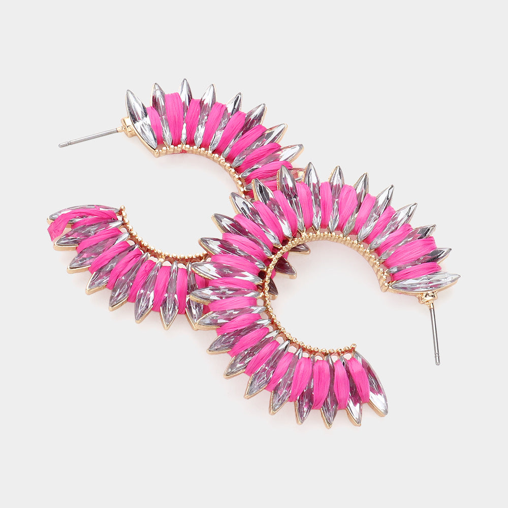 Fuchsia Raffia Wrapped Crystal Marquise Stone Pageant Earrings | Runway Earrings