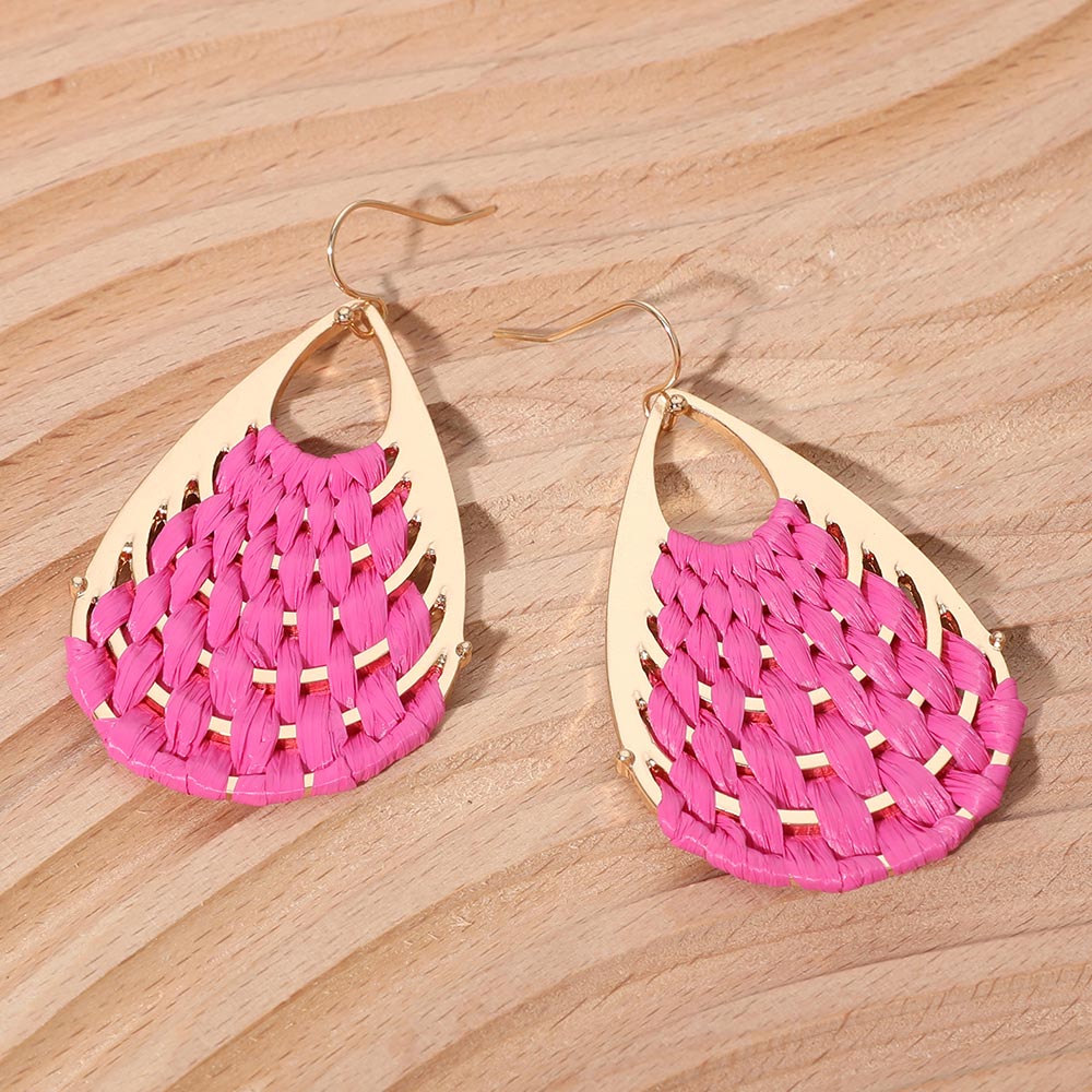 Fuchsia Raffia Basket Weave Teardrop Fun Fashion Earrings | Outfit of Choice Earrings | Runway Earrings