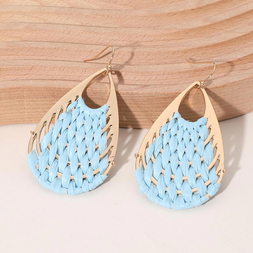 Light Blue Raffia Basket Weave Teardrop Fun Fashion Earrings | Outfit of Choice Earrings | Runway Earrings