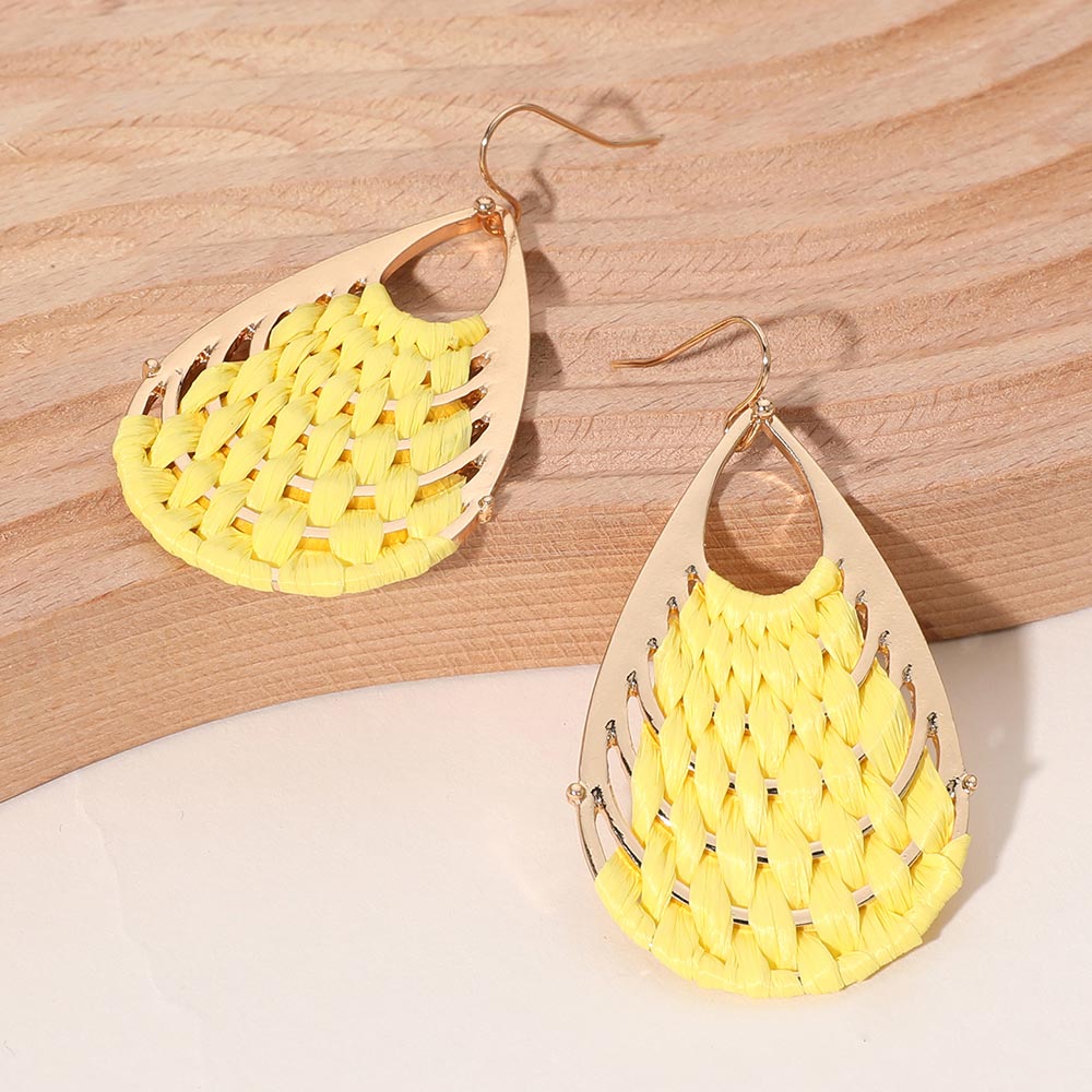  Yellow Raffia Basket Weave Teardrop Fun Fashion Earrings | Outfit of Choice Earrings | Runway Earrings