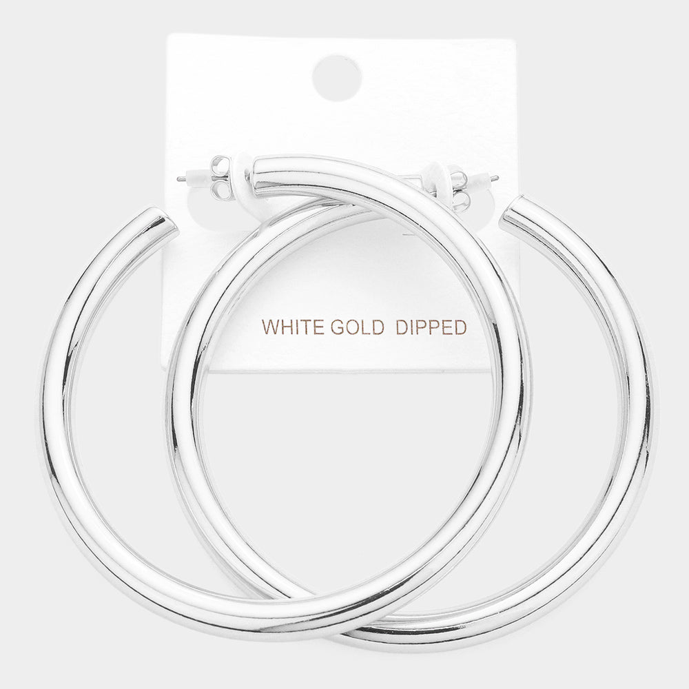 Large White Gold Dipped Metal Hoop Earrings | 2.75"