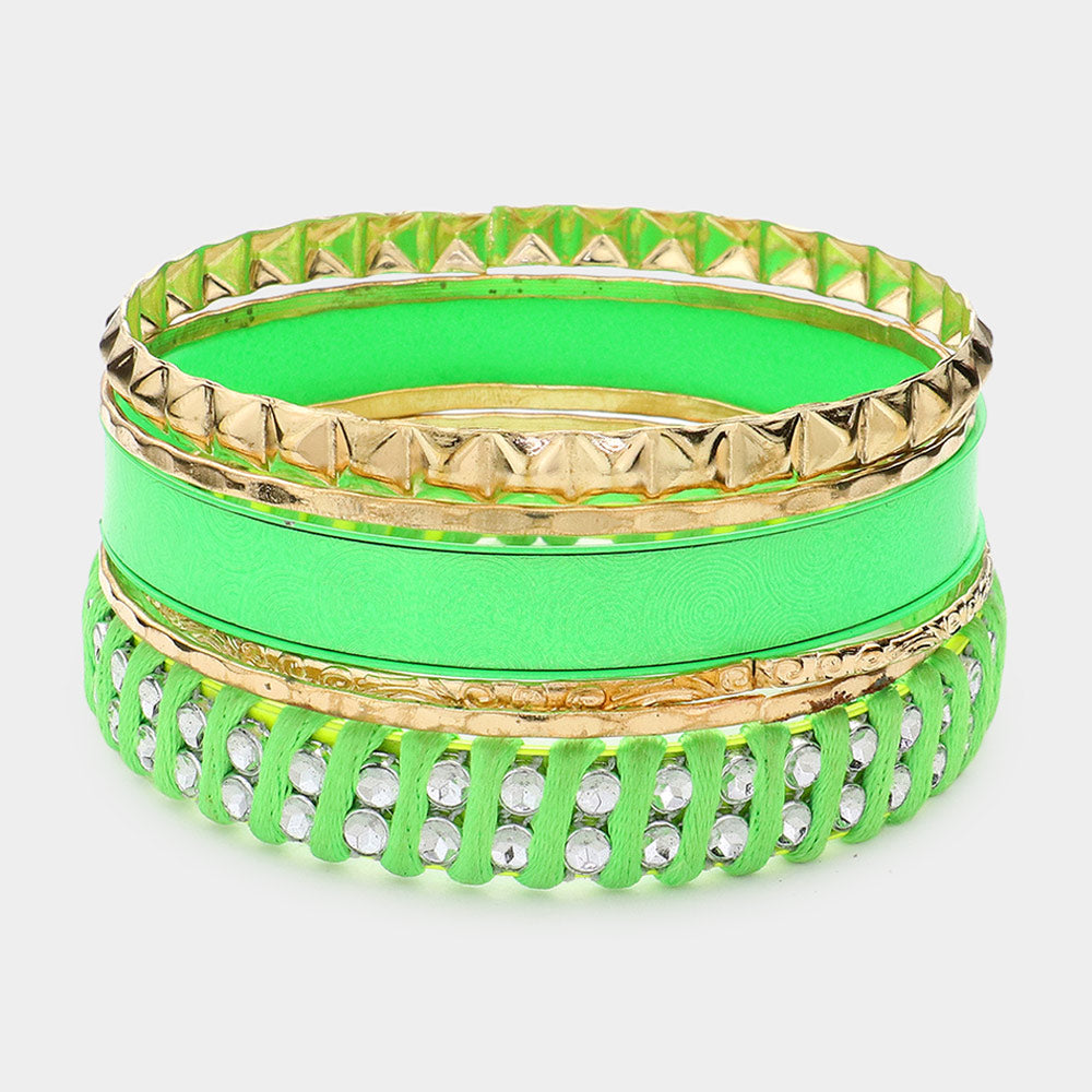 6 Piece Layered Neon Green and Gold Bangle Bracelets