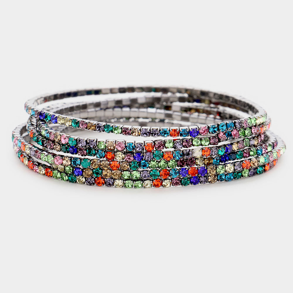 6 Multi-Color Rhinestone Stretch Pageant Bracelets  | Fun Fashion Bracelets