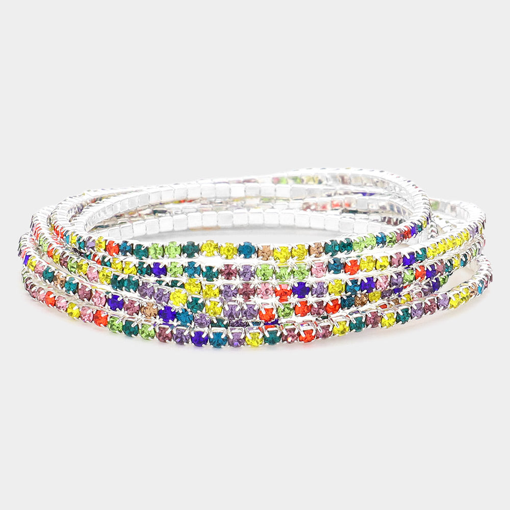 6 Multi-Color Rhinestone Stretch Pageant Bracelets on Silver | Fun Fashion Bracelets