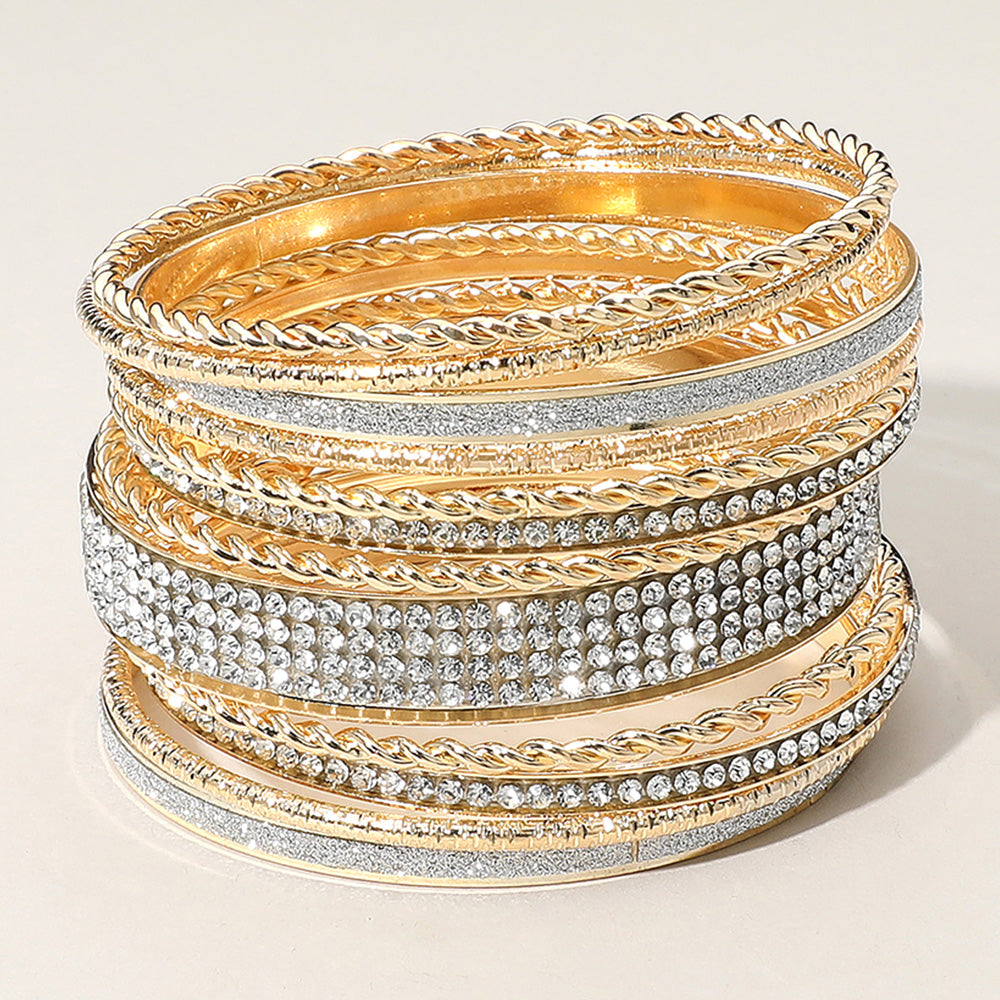 12 Piece Multi Stone and Textured Layered Bracelets on Gold