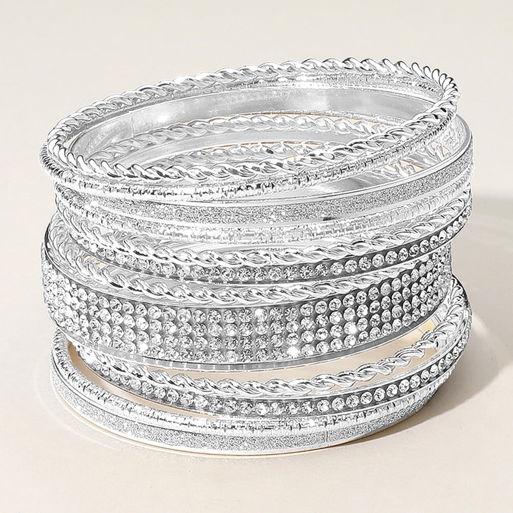 12 Piece Multi Stone and Textured Layered Bracelets on Silver