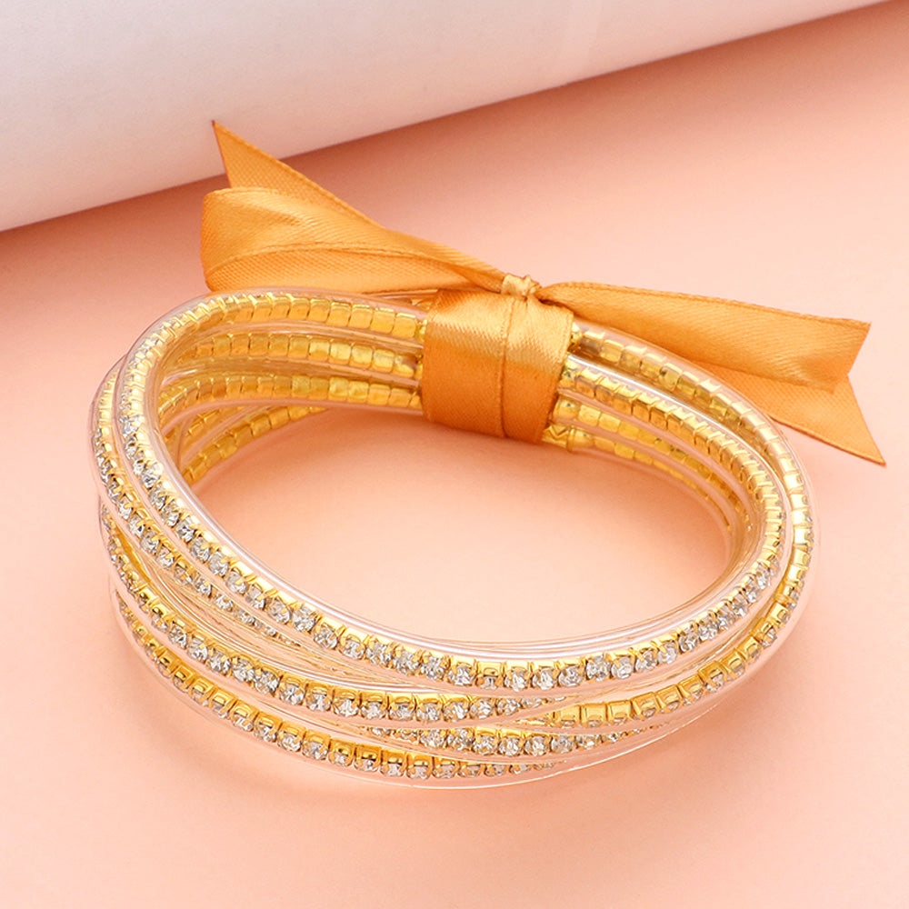 6 Piece Jelly Tube Clear Rhinestone Filled Bangle Fun Fashion Bracelets on Gold