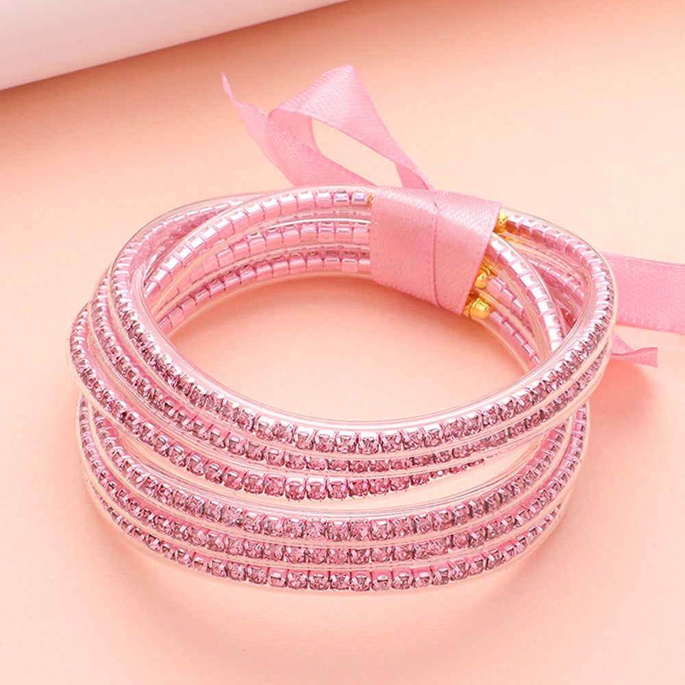 6 Piece Jelly Tube Pink Rhinestone Filled Bangle Fun Fashion Bracelets