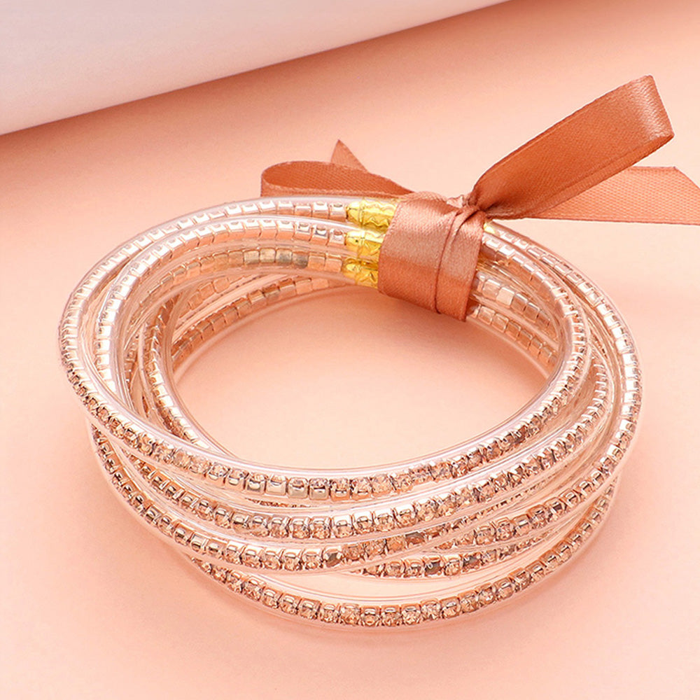 6 Piece Jelly Tube Peach Rhinestone Filled Bangle Fun Fashion Bracelets on Rose Gold