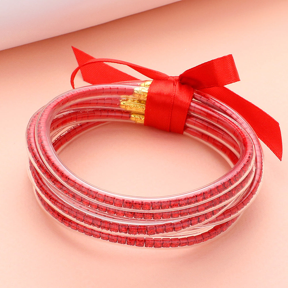 6 Piece Jelly Tube Red Rhinestone Filled Bangle Fun Fashion Bracelets