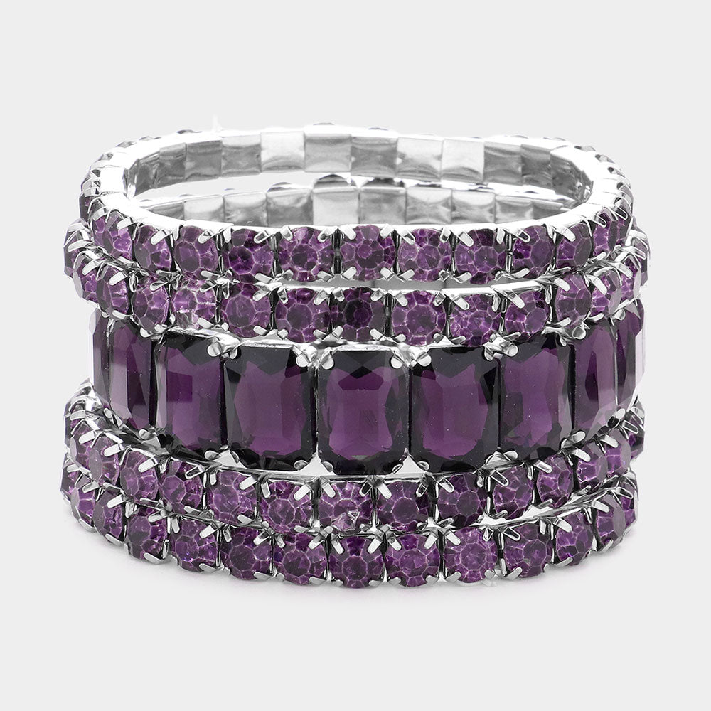 5 Pieces - Dark Purple Stone Stretch Multi Layered Pageant Bracelets | Prom Jewelry