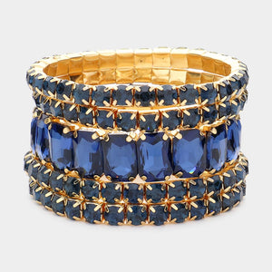 5 Pieces - Blue Stone Stretch Multi Layered Pageant Bracelets | Prom Jewelry