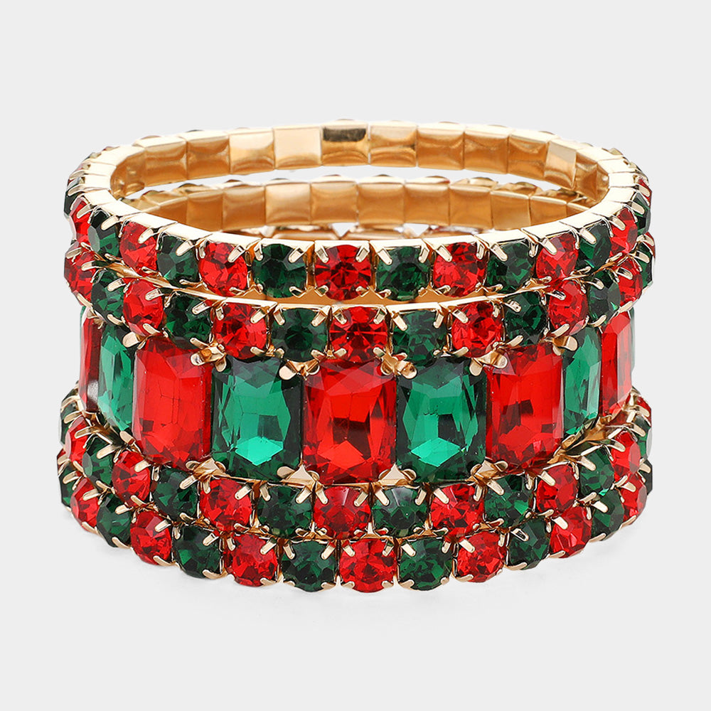 5 Pieces - Red and Green Stone Stone Stretch Multi Layered Pageant Bracelets | Prom Jewelry