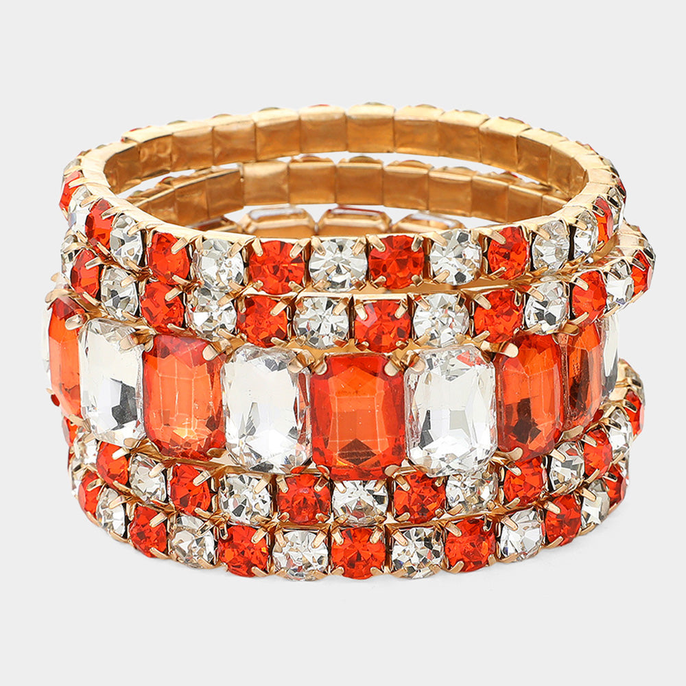 5 Pieces - Orange and Clear Stone Stretch Multi Layered Pageant Bracelets | Prom Jewelry 