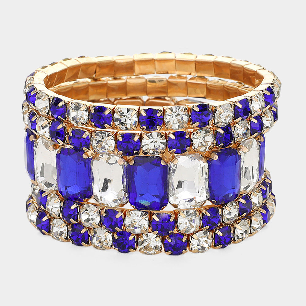 5 Pieces - Royal Blue and Clear Stone Stone Stretch Multi Layered Pageant Bracelets | Prom Jewelry