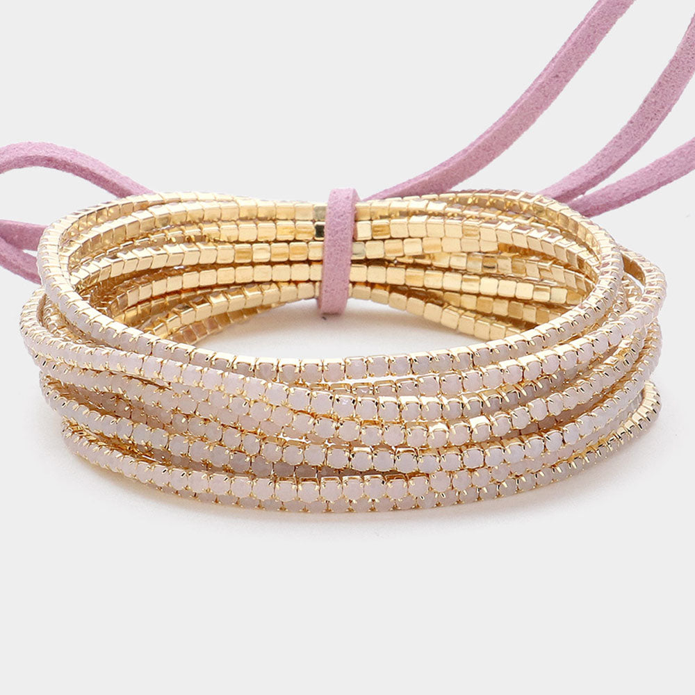 12 Pink Rhinestone Layered Stretch Pageant Bracelets on Gold  | Fun Fashion Bracelets