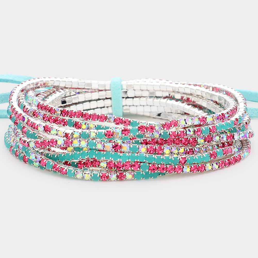 12 Multi-Color Rhinestone Layered Stretch Pageant Bracelets  on Silver  | Fun Fashion Bracelets