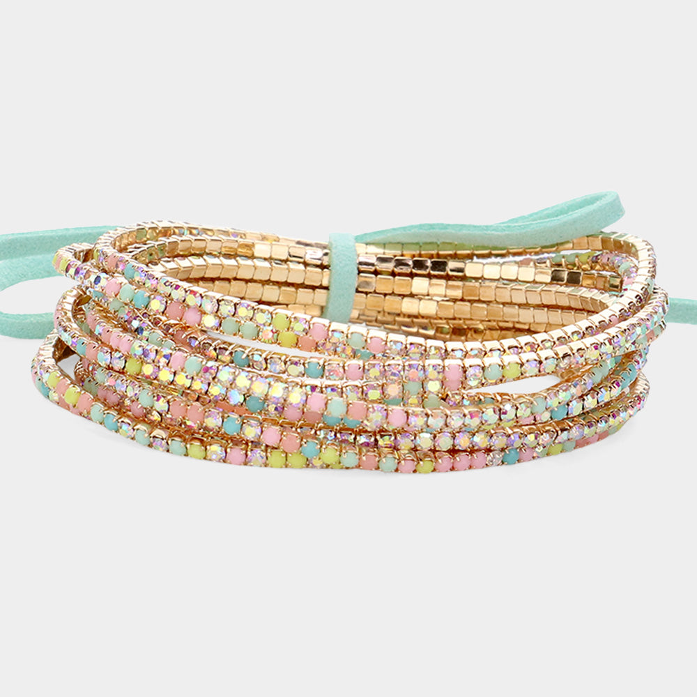 12 Multi Colored Pastel Rhinestone Layered Stretch Pageant Bracelets on Gold | Fun Fashion Bracelets