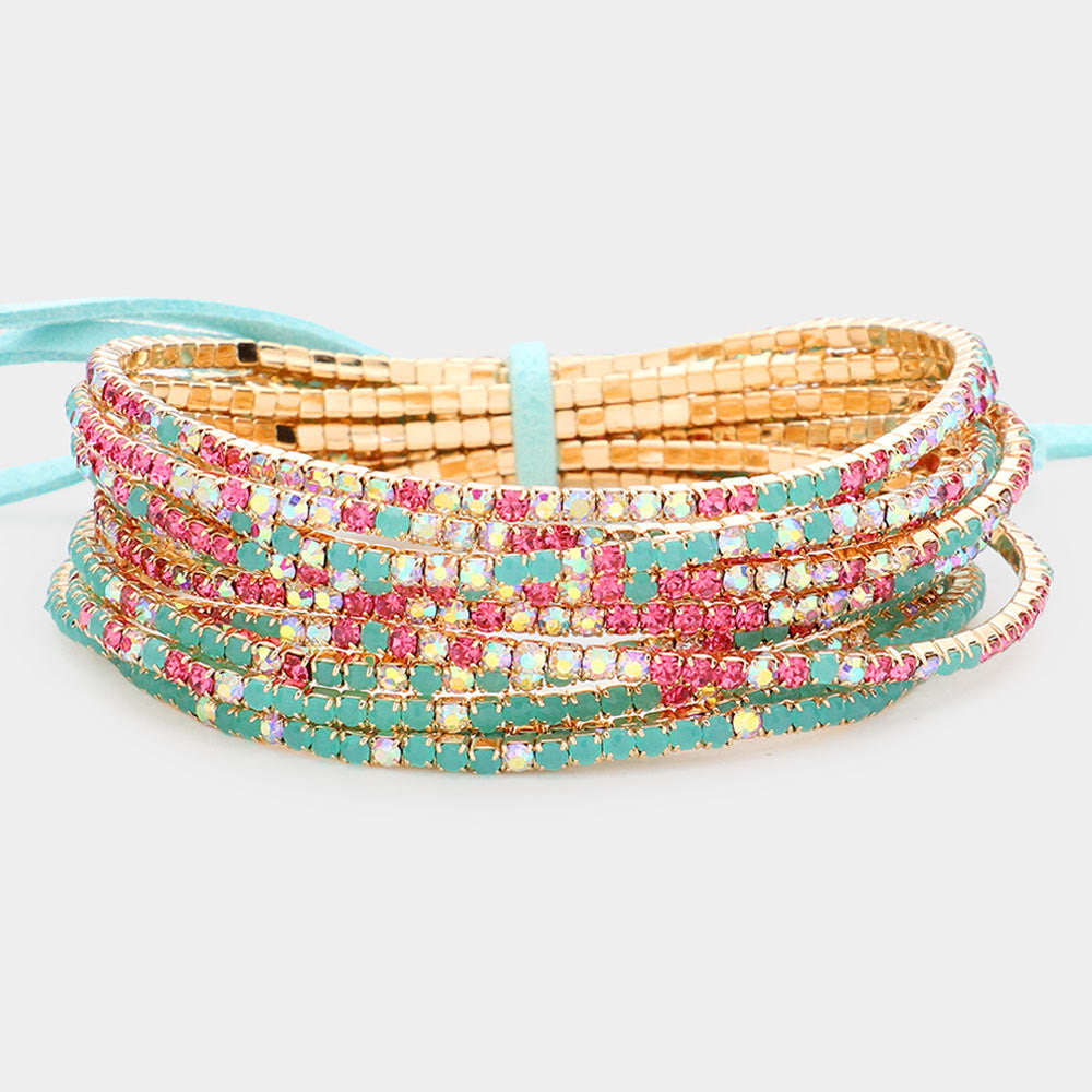 12 Multi-Color Rhinestone Layered Stretch Pageant Bracelets on Gold  | Fun Fashion Bracelets