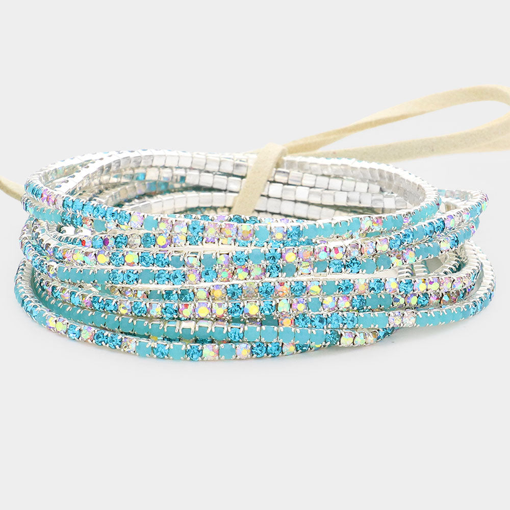 12 Aqua Rhinestone Layered Stretch Pageant Bracelets on Silver   | Fun Fashion Bracelets