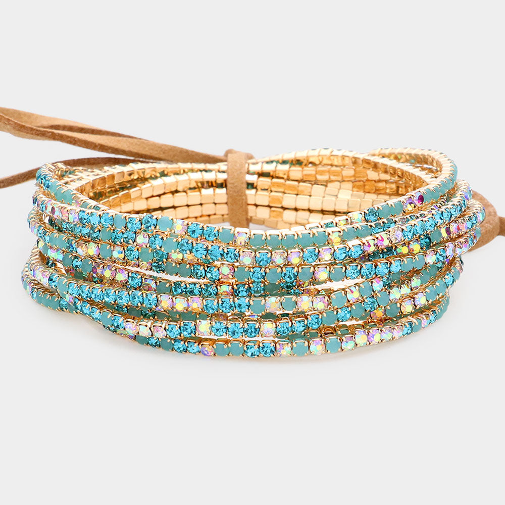 12 Aqua Rhinestone Layered Stretch Pageant Bracelets on Gold   | Fun Fashion Bracelets |  590179