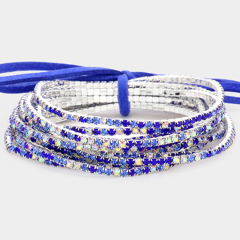 12 Blue Rhinestone Layered Stretch Pageant Bracelets on Silver | Fun Fashion Bracelets