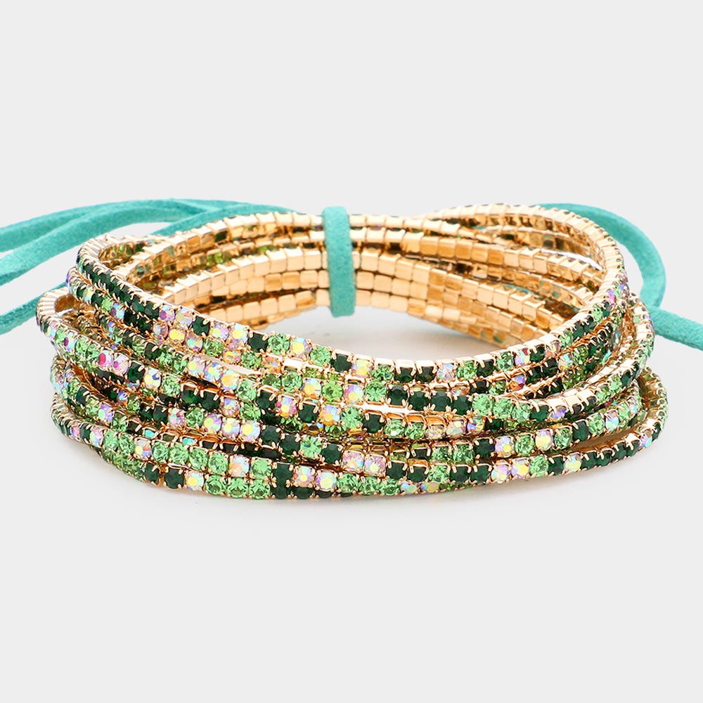 12 Green Rhinestone Layered Stretch Pageant Bracelets on Gold | Fun Fashion Bracelets