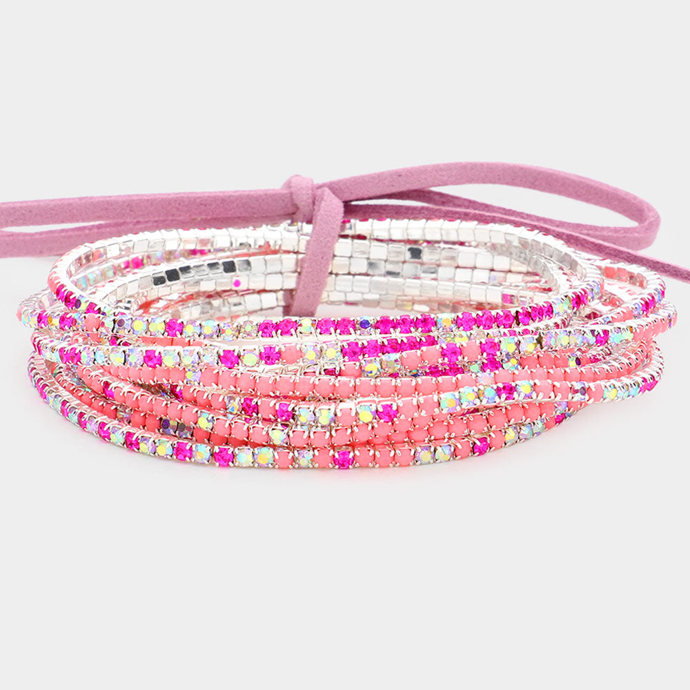 12 Pink Rhinestone Layered Stretch Pageant Bracelets on Silver | Fun Fashion Bracelets