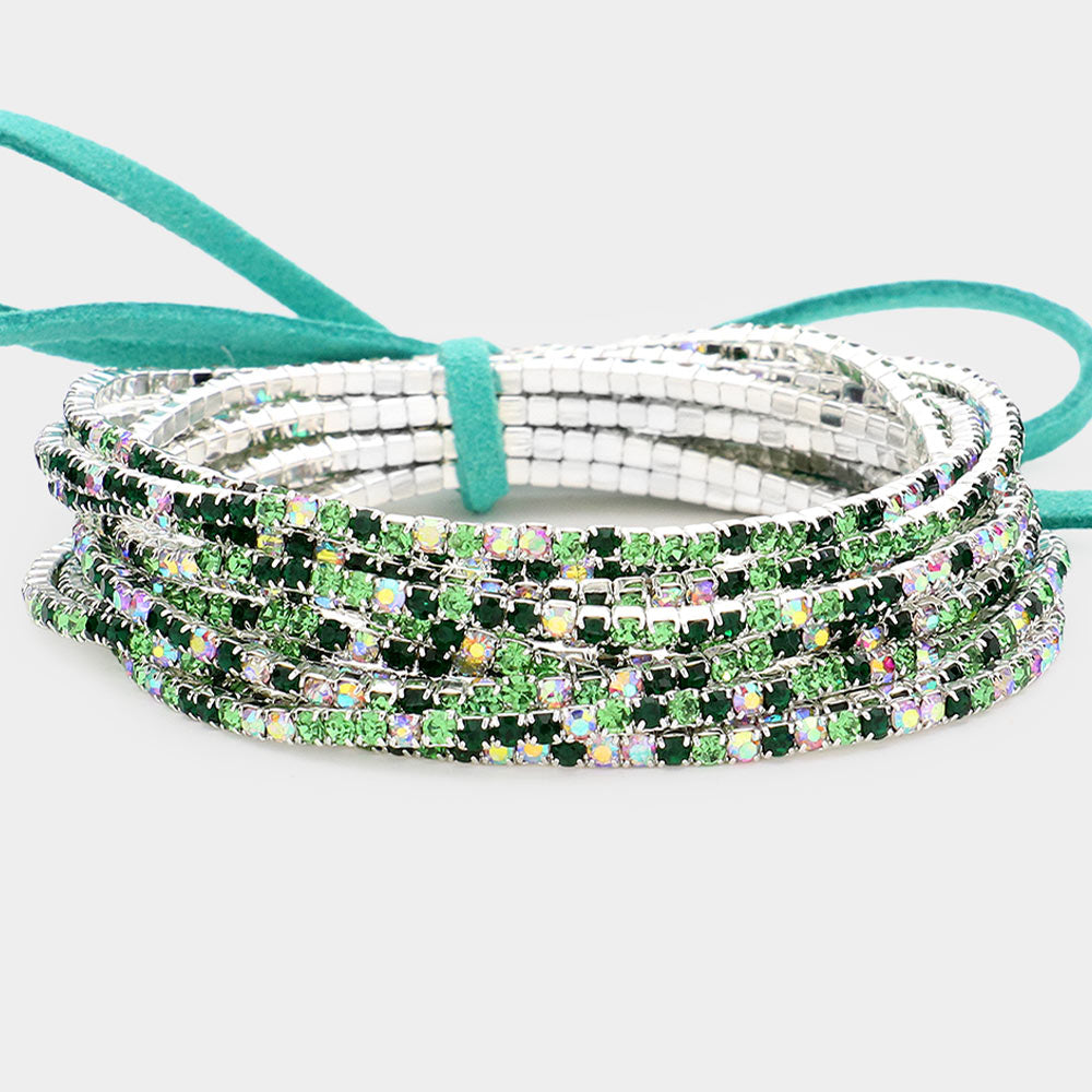 12 Light Green Rhinestone Layered Stretch Pageant Bracelets  on Silver | Fun Fashion Bracelets