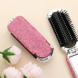 Pink Bling Studded Portable Folding Mirror Hairbrush 