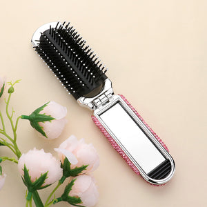 Pink Bling Studded Portable Folding Mirror Hairbrush 