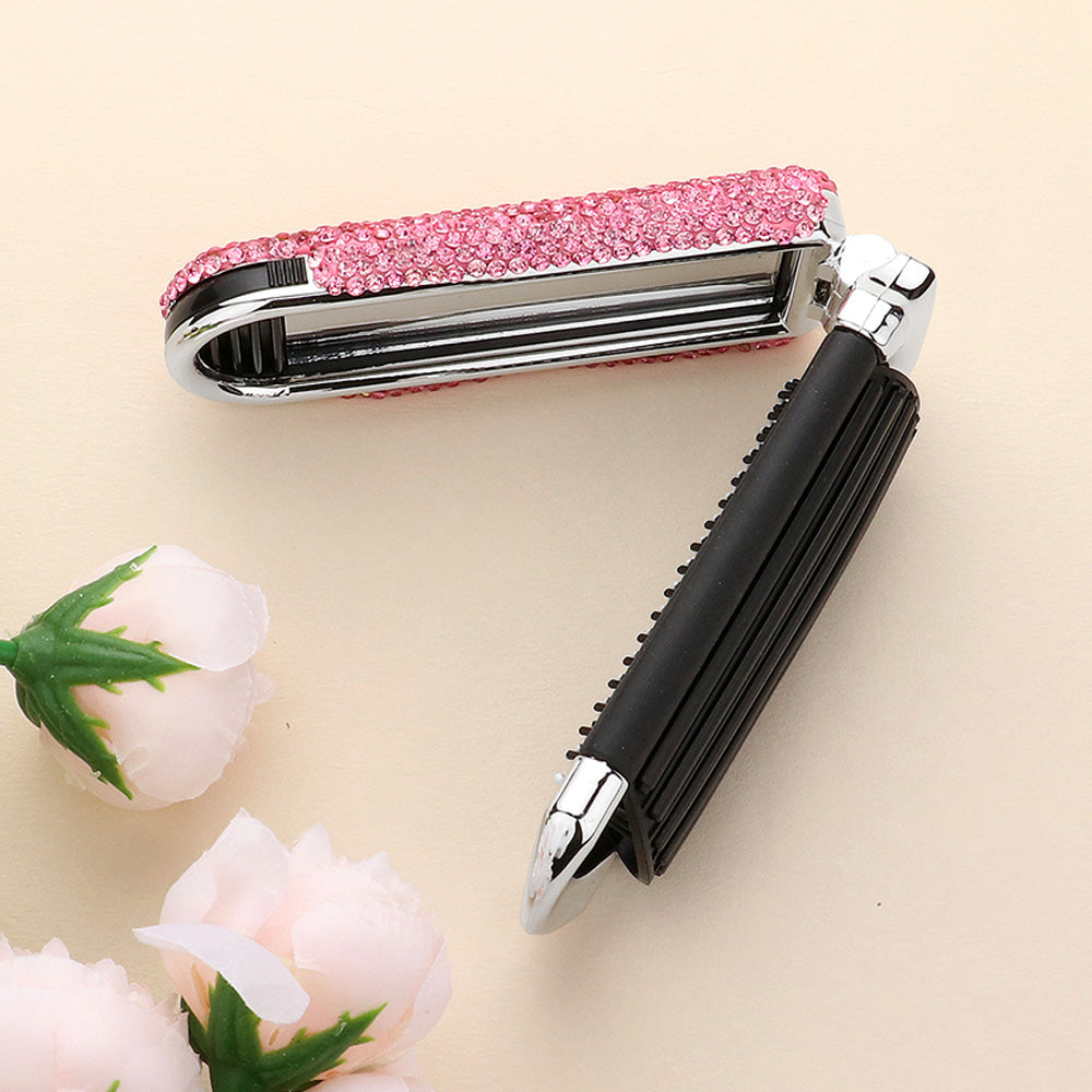 Pink Bling Studded Portable Folding Mirror Hairbrush 