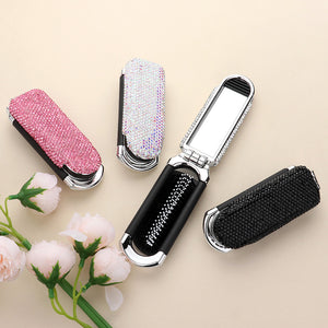 Bling Studded Portable Folding Mirror Hairbrushes