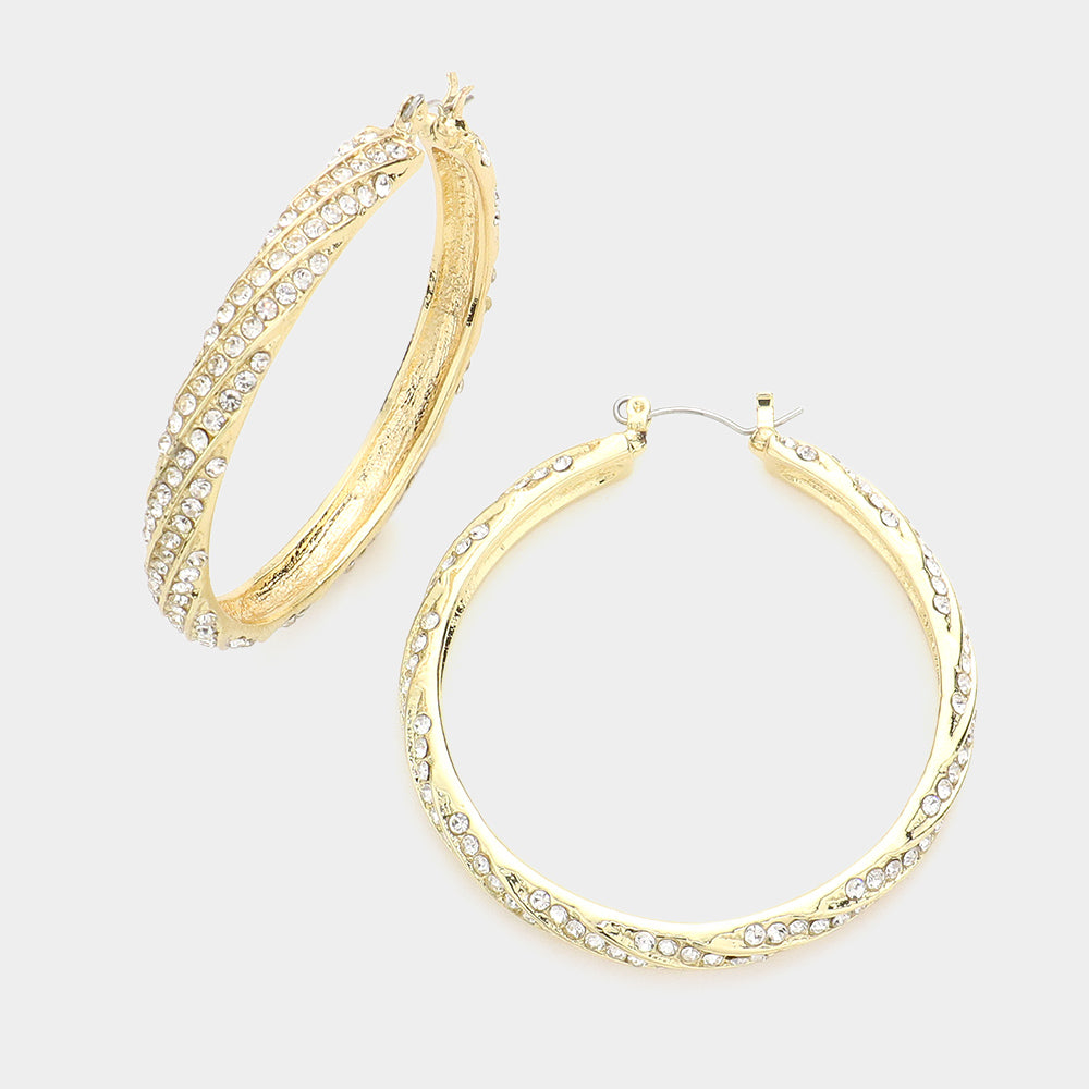 Lined CZ Rhinestone Hoop Pageant Earrings on Gold | 2.1"| Swimsuit Earrings |  602068