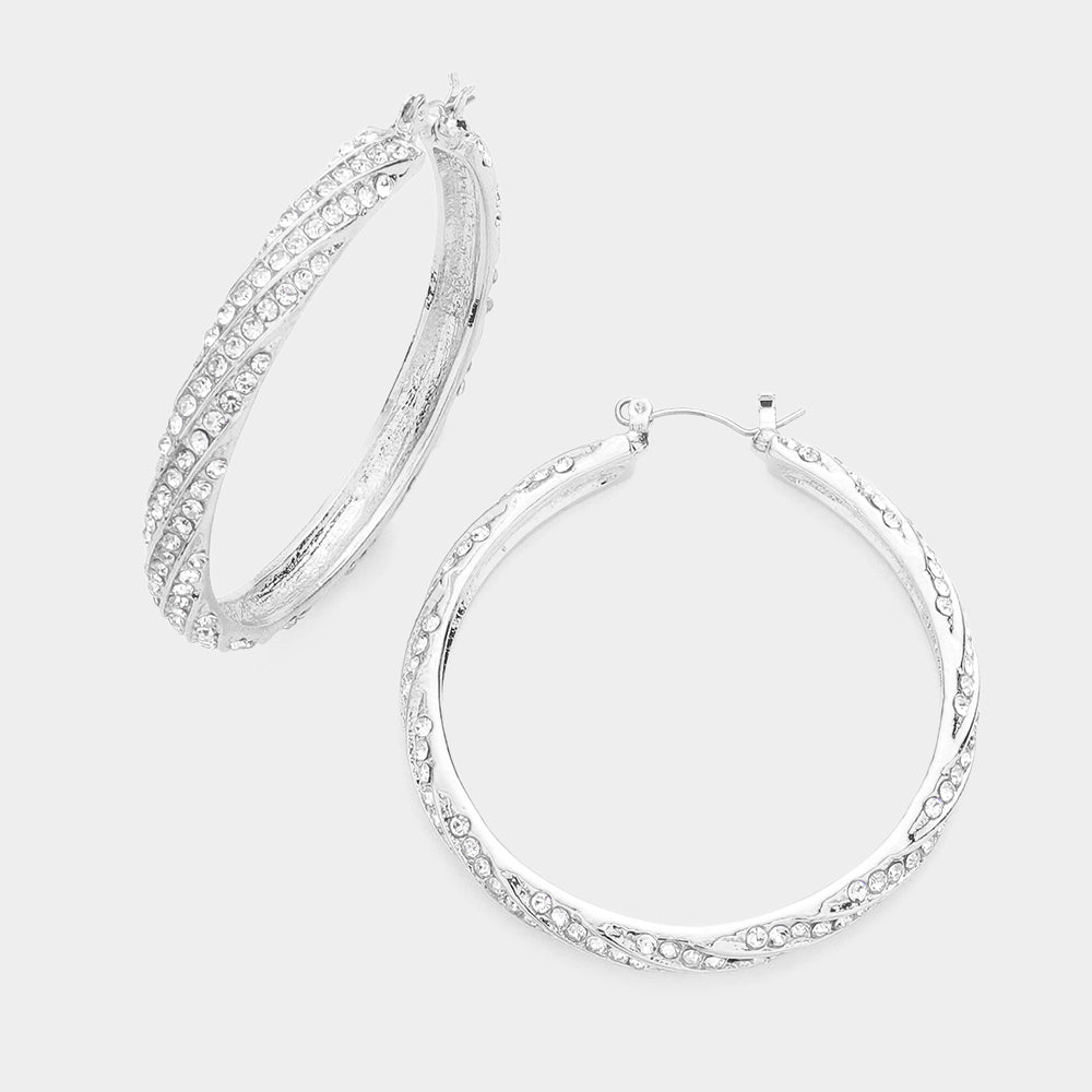 Lined CZ Rhinestone Hoop Pageant Earrings on Silver | 2.1"| Swimsuit Earrings |  602069