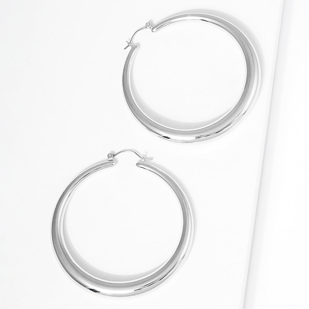 Verigated Size Silver Metal Pin Catch Hoop Earrings | 2.6"