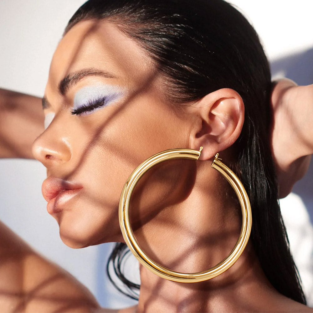 Oversized Chunky Gold Metal Pin Catch Hoop Earrings | 4" 