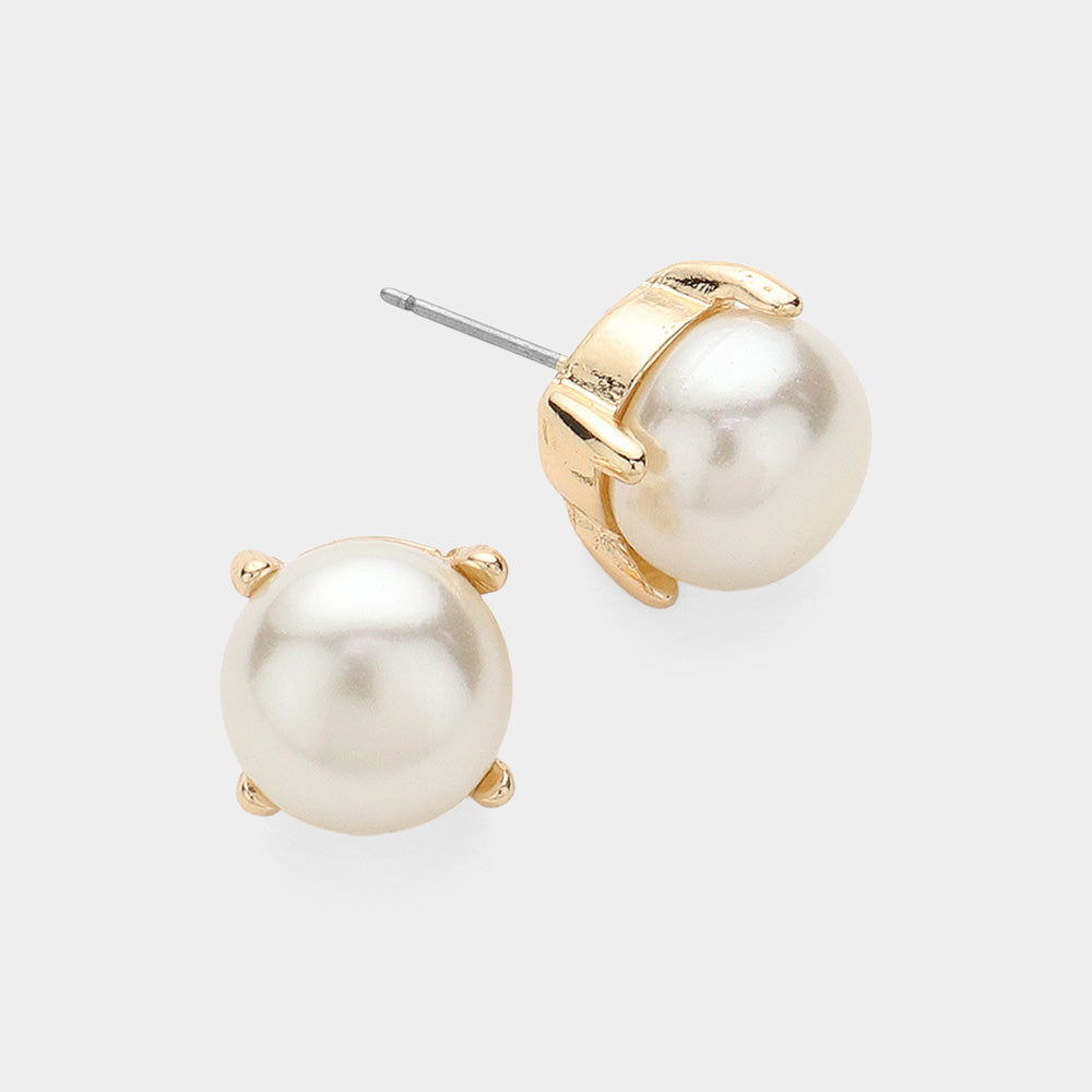 Cream Pearl Cushion Stud Bridal Earrings on Gold | Cream Pearl Wedding Earrings on Gold