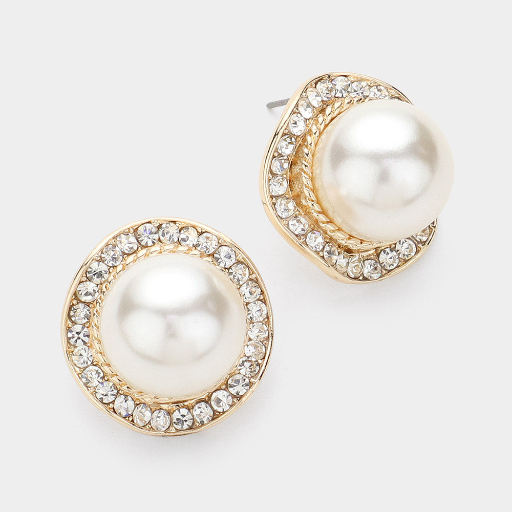 Crystal Rhinestone Trimmed Cream Pearl Bridal Earrings on Gold | Cream Pearl Earrings